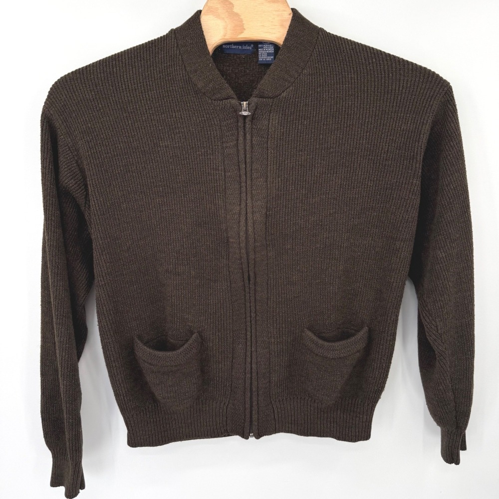Northern Isles Cardigan Sweater Men XL‎ Brown Full Zip Ribbed Knit Pockets